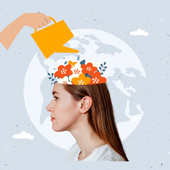 A composite collage depicting mental health. A profile of a woman's head. A woman's hand holds a watering can and waters her head