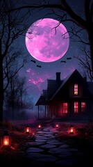 Spooky Full Moon Scene - Spooky Haunted House with Pink Full Moon and Flying Bats in Night Forest