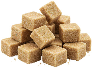 Pile of brown sugar cubes arranged neatly on a white background, showcasing their texture and color