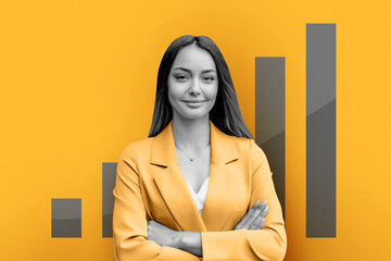 Collage portrait of a young business woman with a graph sign and statistics.
