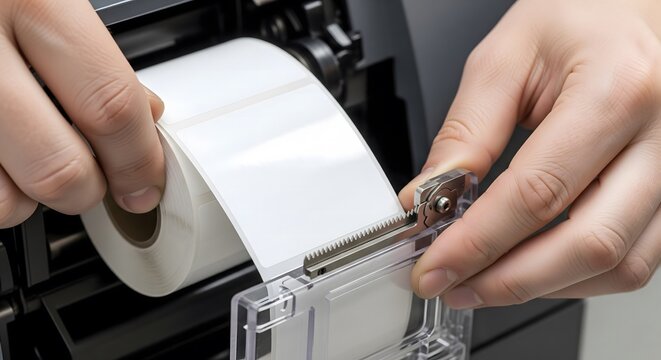 Hands loading a roll of blank labels into a thermal label printer for shipping