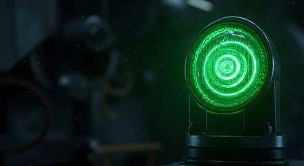 Futuristic glowing green circular interface with intricate concentric circles and grid pattern, tech concept.