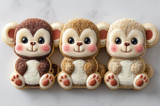 Three adorable, sculpted monkey cookies in varying shades of brown and beige.  Each monkey is seated,  with rosy cheeks and fuzzy fur.  Cream-colored details highlight paws and faces.