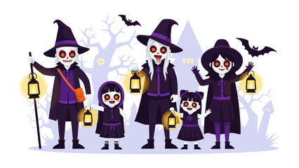 Halloween Gathering: A spooky family dressed in festive costumes, with lantern, bat, witch hat, and pumpkin, coming together in anticipation of a night filled with treats and frights.