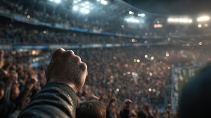 Electric Atmosphere: A stadium crowd cheers with raised fists in exuberance