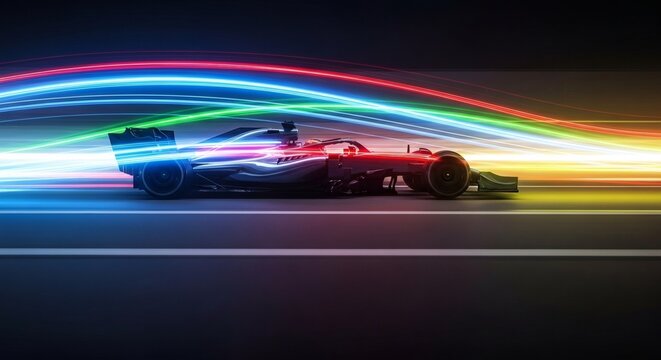 Neon-Lit F1 Race Car with Light Trails
