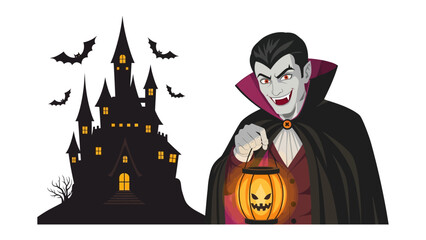 Spooky Halloween Scene: A chilling Halloween scene featuring a vampire holding a pumpkin lantern beside a haunted castle and a few bats soaring in the air. 