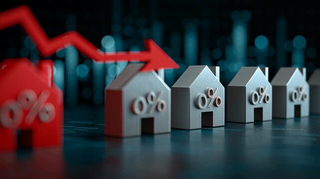 Refinance concept ,Falling rate arrow mortgage symbol house model shows market decline and gloomy mood, red house percent