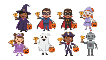 Halloween Celebration with Trophies and Treats: A captivating scene of children in whimsical costumes proudly holding trophies, adding a touch of sweetness with treat-filled pumpkin baskets.