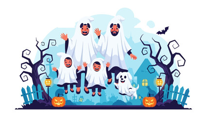 Spirited Halloween Family: A lively family, draped in ghost costumes, radiates joy as they celebrate Halloween night with a charming pet ghost amidst a spooky setting of pumpkins and eerie trees.