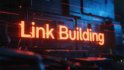 Bright neon sign 'link building' glows in a close-up low-angle urban night shot
