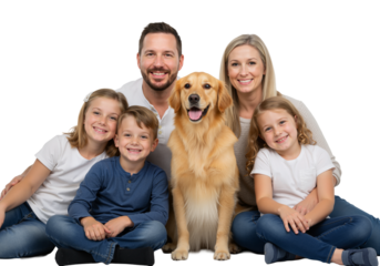 Family of Four with Golden Retriever – Joyful Portrait of Love, Unity, and Pet Companionship