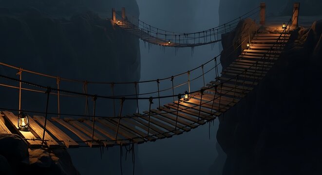 Fototapeta Old wooden rope bridges illuminated by lanterns in a dark foggy canyon suspension bridge wooden bridge