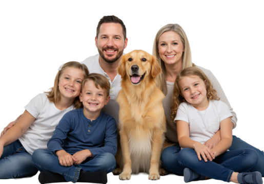 Family of Four with Golden Retriever – Joyful Portrait of Love, Unity, and Pet Companionship