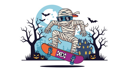 Mummy on Skateboard: A playful illustration of a skateboarding mummy in sunglasses, showcasing an urban Halloween vibe with the essence of Halloween fun.