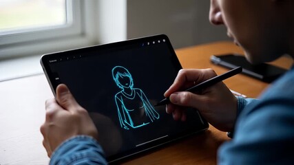 Over the shoulder view of a digital artist drawing a character on a graphics tablet with a stylus at his desk - Powered by Adobe