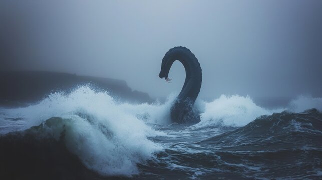 Mysterious sea serpent emerges from stormy ocean waves in foggy coastal landscape.