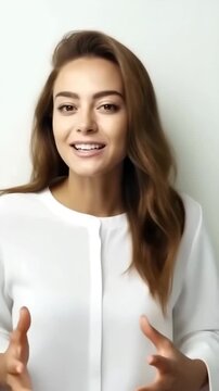 Woman blogger in white blouse speaking emotionally during interview or presentation. Modern UGC style video content for communication and education.