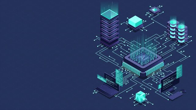 Isometric artificial intelligence chip animation. Artificial intelligence server. Futuristic microchip processor. Isometric cloud computing. 4K video animated in isometric style