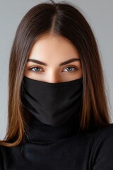 Fototapeta premium A young woman wearing a black face mask mockup and a black turtleneck, with long hair and striking blue eyes, against a neutral background