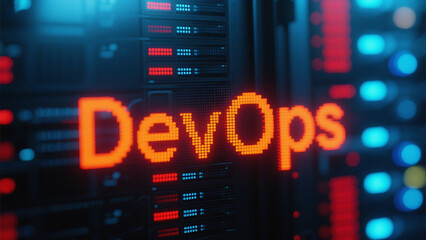 Devops illuminated in vibrant orange against a blurred abstract digital backdrop technological progress
