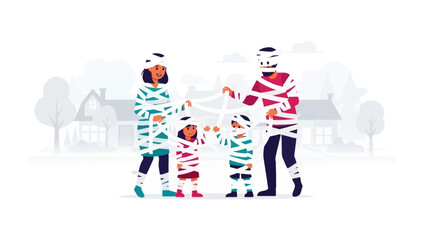 Mummy Family Portrait: A family humorously embraces the Halloween spirit, fully wrapped as mummies, with a cartoonish and whimsical charm. 