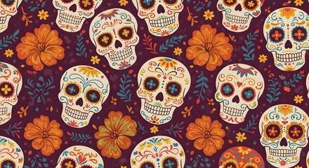 Día de los Muertos seamless sugar skull design, great for textiles, posters, and heritage artwork.