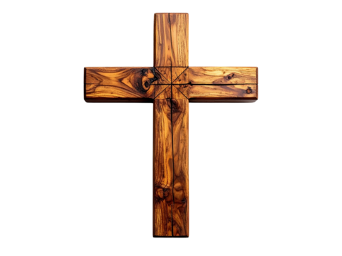 Wooden Cross Depiction: A serene, photorealistic image of a meticulously crafted wooden cross, its rich, natural wood grain rendered in exquisite detail, symbolizing faith, sacrifice, and devotion.