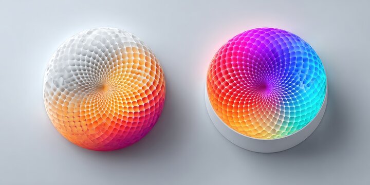 Abstract, 3D-rendered, colorful, geometric shapes. Two circular forms, one with a gradient of warm colors, the other with a full spectrum