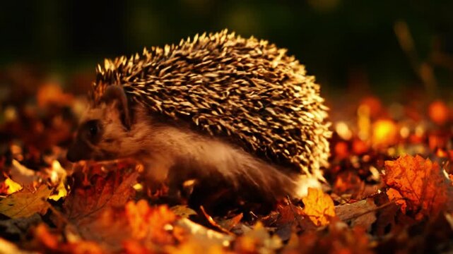 Adorable Hedgehog Foraging Through a Carpet of Vibrant Golden Autumn Leaves Bathed in Warm Sunlight a Serene Woodland Wildlife Moment