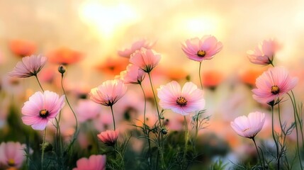 Gentle Sunrise Over a Field of Light Pink Wildflowers, Creating a Soft and Enchanting Floral Design