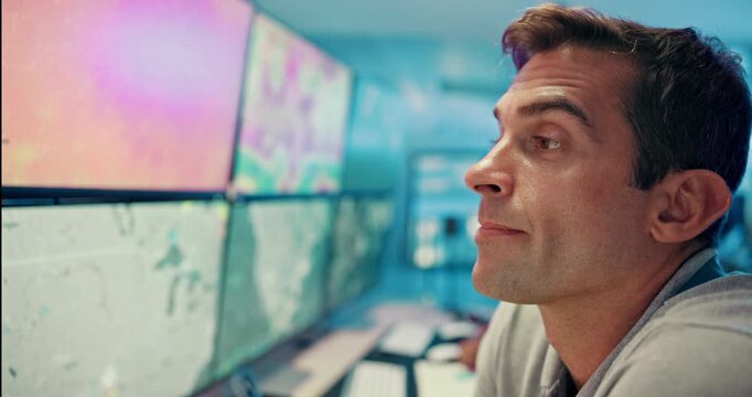 Computer, tired man and eye strain in office for meteorology, exhausted and burnout on deadline. Stress, fatigue and meteorologist monitor weather forecast, climate change science and satellite map