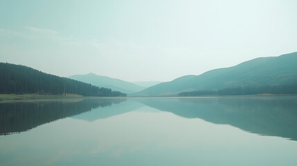 Mountain reflection on calm lake beneath bright summer sky high resolution picture