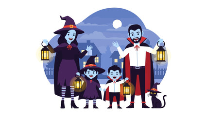 Halloween Family Gathering: This illustration shows a spooky and festive scene, a family dressed in Halloween costumes. Embracing the spirit of the holiday.