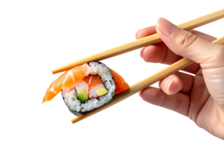 Sushi Roll Mastery: A skilled hand delicately grasps a vibrant sushi roll with wooden chopsticks, showcasing the exquisite artistry and freshness of the cuisine.