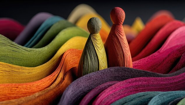 Two wooden figures atop a vibrant, layered rainbow of wood grain