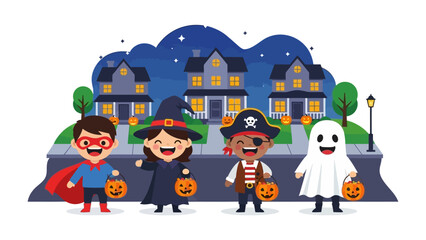 Spooky Halloween Parade: A cheerful illustration captures children in Halloween costumes trick-or-treating on a festive street, collecting candy under the starry night sky.