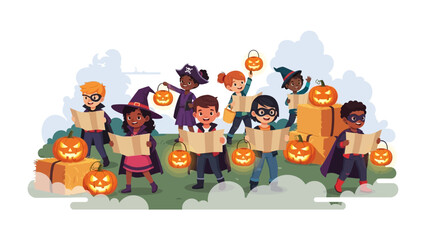 Halloween Adventure: A whimsical gathering of children in playful costumes, immersed in a shared journey, illuminating their way with festive lanterns.