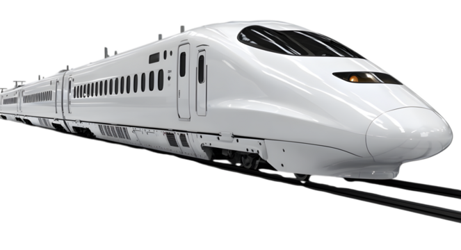White bullet train on railway tracks isolated on transparent background