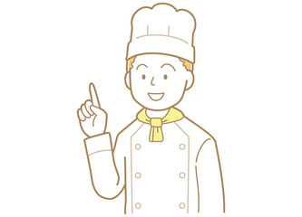 指差すポーズをする若い男性のコックさんのイラスト