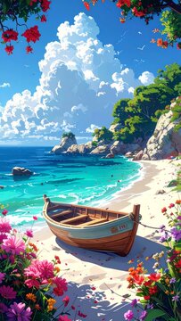 Illustration of a boat on a beautiful beach with white sand and flowers, suitable for posters, banners, and tourism bunting, Generative AI