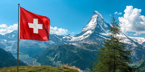 Breathtaking View of the Iconic Matterhorn Mountain in the Swiss Alps Surrounded by Lush Greenery