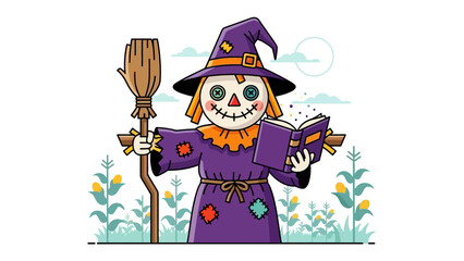 Whimsical Scarecrow in Cornfield: A charming scarecrow with a straw-filled body, wide-eyed gaze, and a delightful smile.