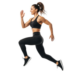 Fit woman running in athletic wear with dynamic pose for fitness and health transparent background