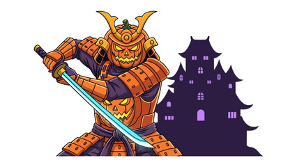 Pumpkin Samurai Warrior in Halloween Costume: A striking illustration presents a pumpkin-headed samurai, geared in traditional armor and gripping a katana, set against a spooky castle backdrop.