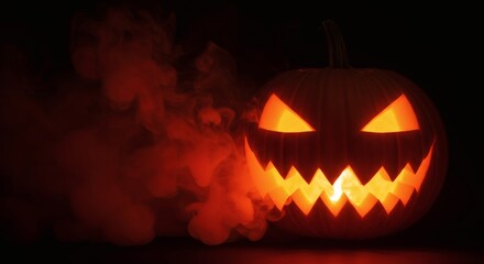 Smoking JackoLanterns eerie glow against a dark night with Halloweens embrace.