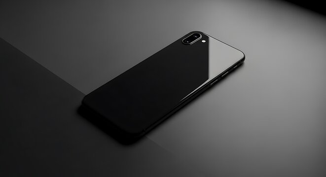 Black smartphone on dark surface, modern technology, sleek design, high-end device, minimalist image.