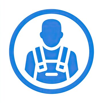 Simple blue circle icon of a person in overalls