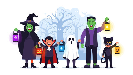Halloween Costume Gathering: Festive characters in their Halloween costumes, ready for trick-or-treating, evoke the eerie thrill and jovial fun of the holiday season, under a moonlit, stylized night.