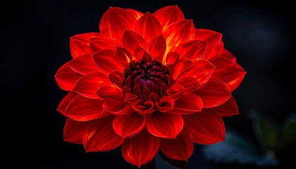 A vibrant, close-up of a fiery red dahlia flower with layered petals, set against a dark, blurred background